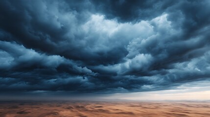 Obraz premium Dramatic storm clouds loom over a vast desert landscape, creating a striking contrast between dark skies and arid terrain.