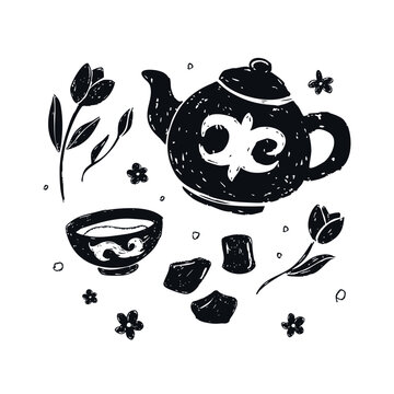 Hand Drawn Kazakh Tea Ceremony Illustration Set with Teapot and baursaks Nauryz