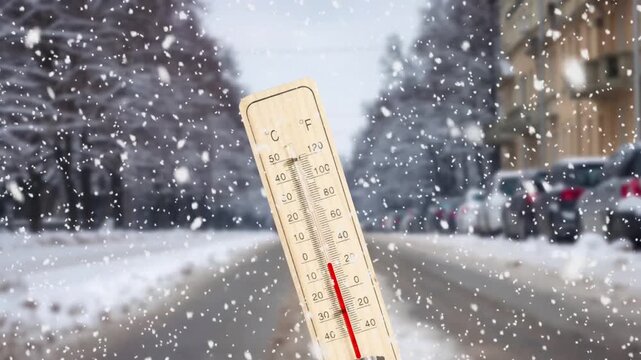 Winter and snow in a city and a thermometer showing temperatures below zero degrees