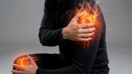 Person Experiencing Intense Shoulder and Knee Pain with Fiery Inflammation.