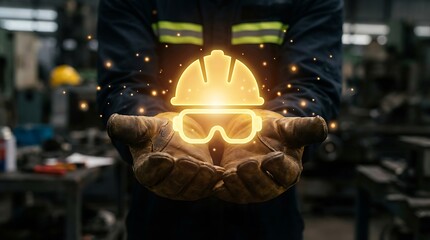 Worker holding glowing safety equipment in industrial setting.
