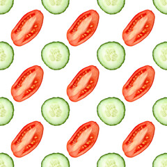 A seamless pattern with sliced ​​fresh tomatoes and cucumbers. Isolated on a transparent background.