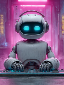 Futuristic robot using computer keyboard in neon-lit room