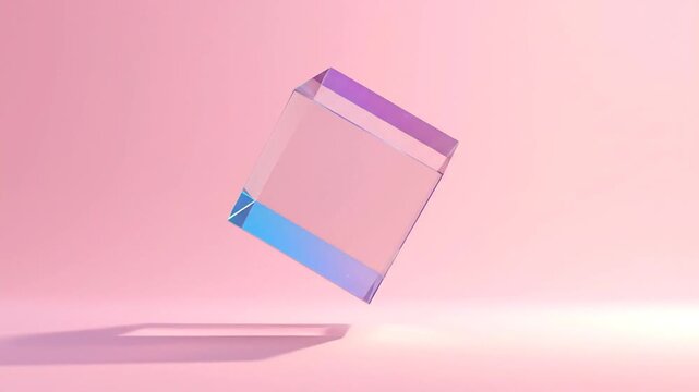 A translucent, geometric, prism-like object casts a shadow on a pale, pink backdrop
