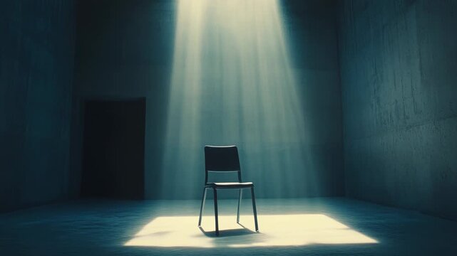 Minimalist concrete room featuring a lone chair centered under a powerful shaft of light entering from above, emphasizing concepts of hope, interrogation, isolation, and new beginnings