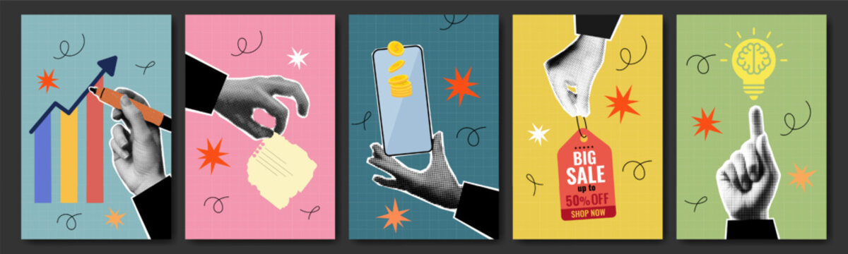 Social media business marketing banner with halftone hand torn paper sticker, mobile phone, light bulb idea icon and finance infographic. Retro web background with money, message, graph or sale tag.