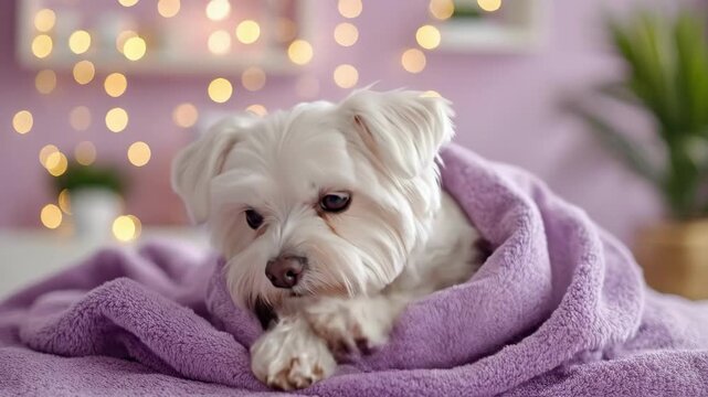 Adorable white maltese dog wrapped in cozy purple blanket in soft pastel room