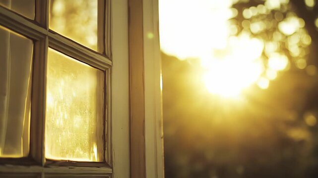 Warm morning sun rays entering through an old wooden window, creating a serene and glowing atmosphere with bokeh light filtering through trees in the background