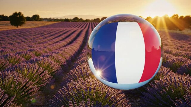 French flag sphere in lavender field at sunset France