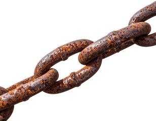 Fototapeta premium Close-up of a weathered, rusty metal chain link symbolizing strength and durability in industrial settings.