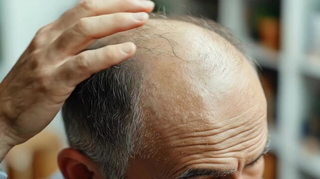 Mature caucasian man examining balding scalp with dandruff in close-up view