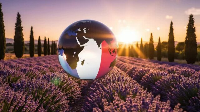 France Flag Globe on Lavender Field at Sunset Travel Tourism Concept French flag