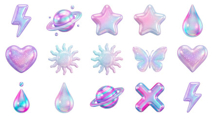 Iridescent Pastel Shapes: Stars, Hearts, Planets, Lightning, Butterfly, Drops