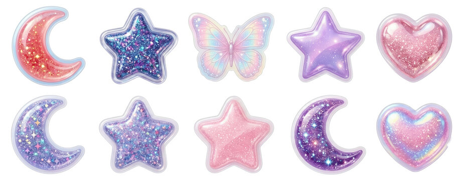 Sparkling Glitter Moon, Star, Heart, and Butterfly Stickers - Pastel Colors