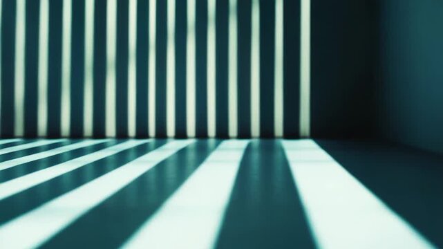 Stark geometric lines of bright sunlight and deep shadows falling across a room's interior wall and concrete floor, creating a captivating abstract pattern and emphasizing depth