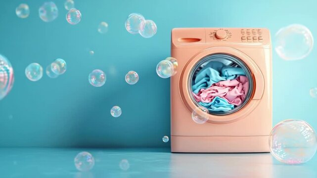 Retro-style washing machine with bubbles and laundry on blue background