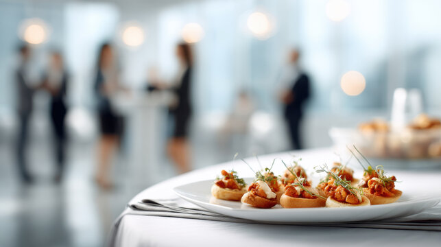 Gourmet appetizers served at a corporate event with blurred guests in background. Elegant small bites and canapes are presented on a white plate, ready for guests at sophisticated business gathering