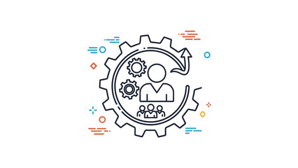 Obraz premium Conceptual line art icon of a large gear containing smaller cogs, people icons, and an improvement arrow, symbolizing workflow management.