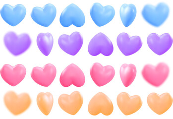 Collection glossy 3D heart icons rendered  various colors pink blue purple and orange featuring both sharp focus blurred bokeh versions Valentine Day graphics interface icons