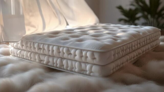 Luxurious white textured mattress in sunlit room with soft duvet