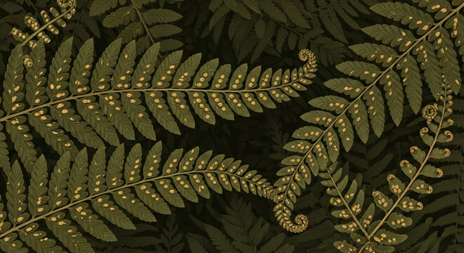 Detailed close up of vintage botanical illustration depicting dark green fern fronds with golden sori against a deep shadowy forest background texture