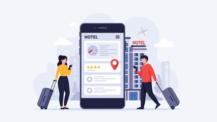 A couple with luggage using a mobile app on a large smartphone to book a hotel room online for their vacation or business trip.