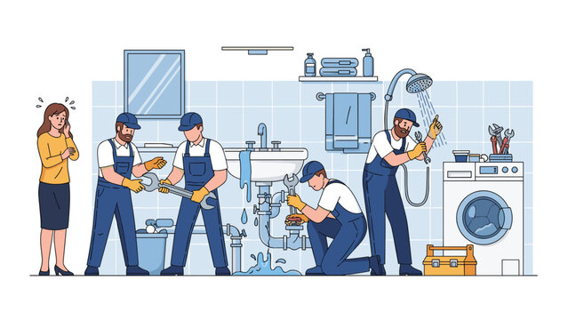 A team of plumbers working on various repairs in a bathroom, fixing a leaky sink, toilet, and shower for a stressed homeowner.