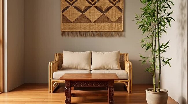 Rattan sofa with coffee table woven wall hanging and bamboo plant in living room interior