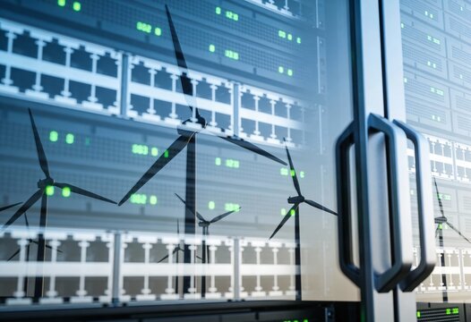 Close-up of a data center server rack reflecting wind turbines, symbolizing green energy.