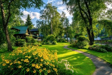 Fototapeta premium Lush green garden with flowers, trees, pathway, and a quaint cabin on a sunny day