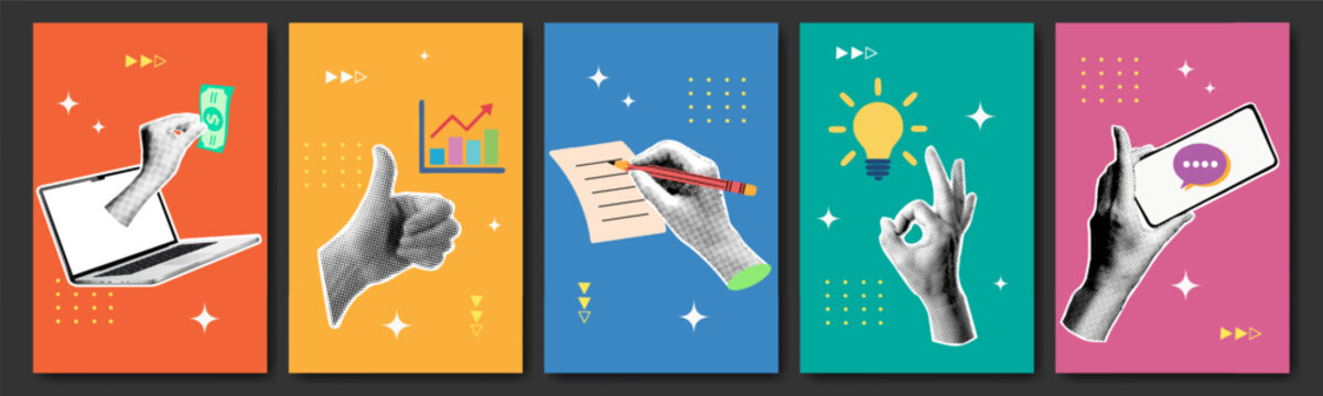 Business marketing digital banner with halftone hand, laptop, mobile phone, success graph and light bulb. Torn paper sticker set in retro web background with finance infographic icon for social media.