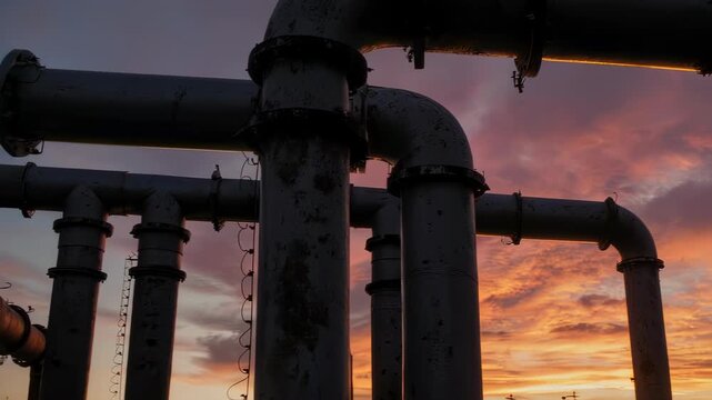 Industrial pipes silhouetted against a vibrant sunset, showing wear