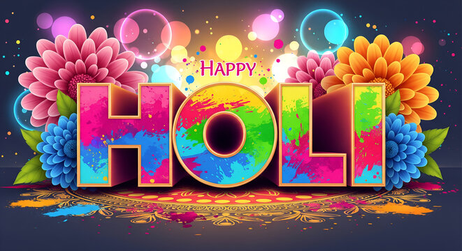 Happy Holi Text, Holi festival background banner poster for indian festival of color