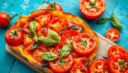 Rustic mixed tomato tart, vibrant colors, blue background,   lunch,  French