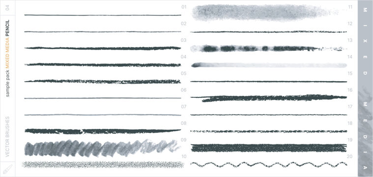 Vector Brushes. Mixed Media Sampler Set. Pencil.
