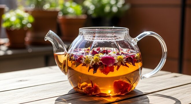Glass Teapot with Herbal Flowers for Afternoon Tea
