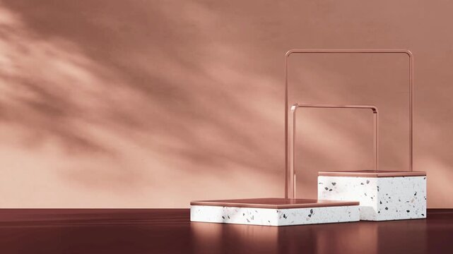 Rose gold frames on terrazzo podium with leaf shadows
