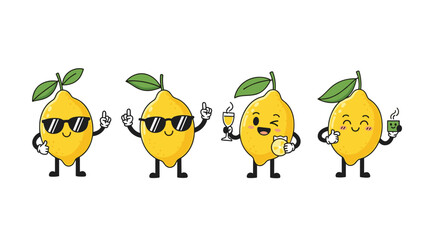 Obraz premium Group of four cute lemon cartoon characters with different personalities and accessories like sunglasses, juice, and hot tea cup.