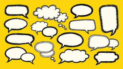 Fototapeta premium Set of various hand-drawn sketchy speech and thought bubbles with textured black borders arranged on a bright yellow background.