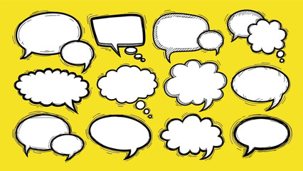 Fototapeta premium Assorted hand-drawn white speech bubbles and thought clouds with textured sketchy outlines on a vibrant yellow background.