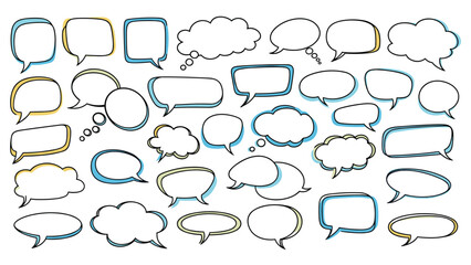 Fototapeta premium Extensive set of diverse speech and thought bubbles with fine black outlines and soft colorful drop shadows on a white background.