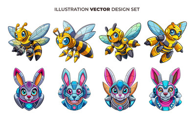 Colorful Cartoon Bee and Bunny Robot Characters Set