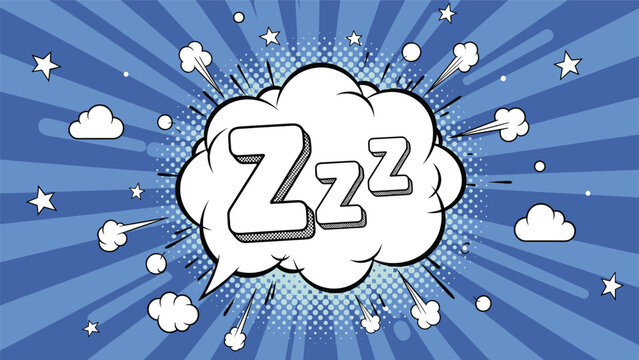 Comic book style Zzz sleep text inside a soft white cloud bubble with a blue radial burst background and small cartoon stars.