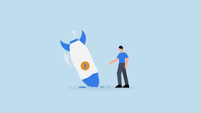 Bitcoin price collapse, 4k animation of sad bankrupt businessman falling into a rocket with bitcoin symbol.