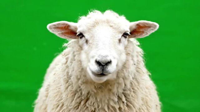 A fluffy white sheep with thick woolly fleece looking directly at the camera against a vibrant green background.