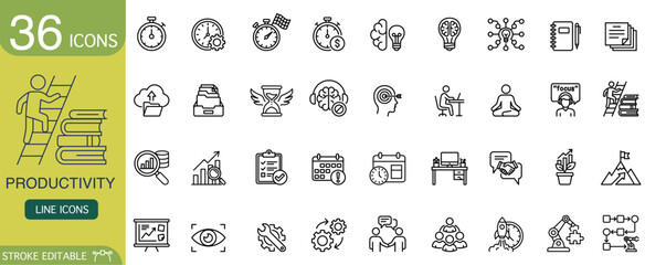 Focused productivity icon set for business work. Thin line symbols for time management, efficiency, and achieving goal. Vector illustration for web and mobile apps
