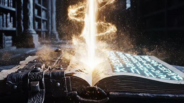 Ancient book opening in mystical library unleashing glowing energy. Arcane tome pages revealing runes with magical lightning burst sequence