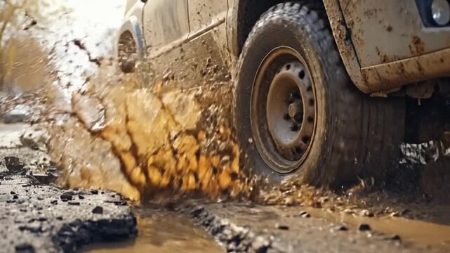 Vehicle tire driving through a large pothole filled with muddy water on a damaged road.