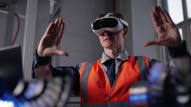 Male engineer using vr goggles innovation technology in industrial setting.