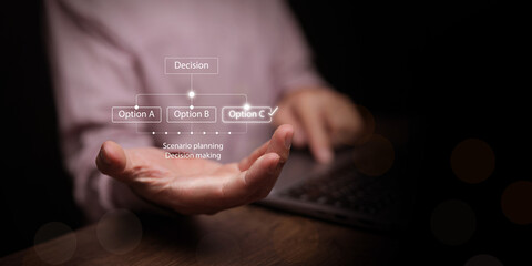 Business plan and decision making concept. Businessman with laptop selecting Option C with scenario planning. Strategic judgment, critical thinking, problem solving, solution analysis, management.